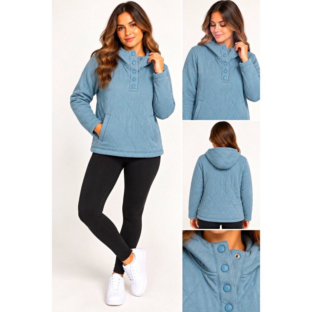 Lands' End Women’s Quilted Pullover Hoodie Snap Neck Pockets Blue Size S